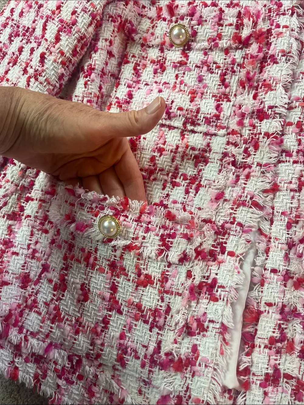 🎀🌺🌸Nanette Lepore sz8 Pink “tweed” Blazer pink red white Fringe Faux Pearls NWT